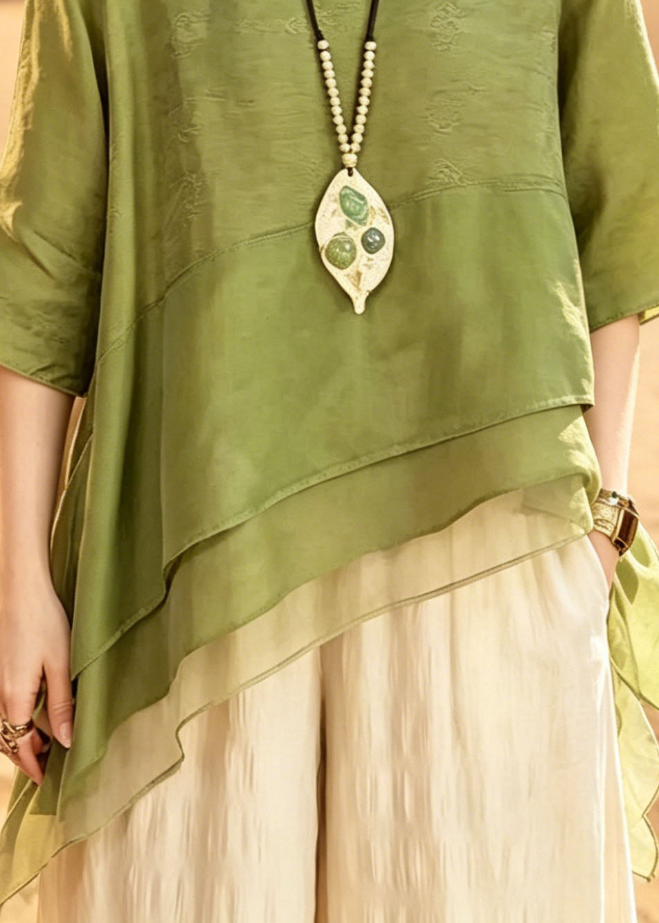 Boutique Green Asymmetrical Patchwork Tulle Top Summer