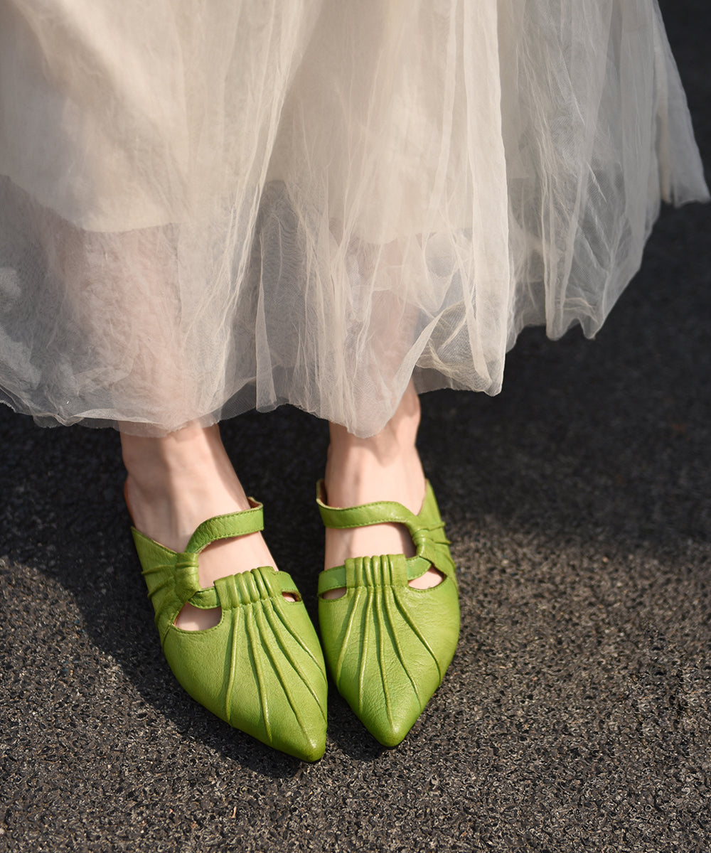 Boutique Green Cowhide Leather Splicing Slide Sandals Pointed Toe