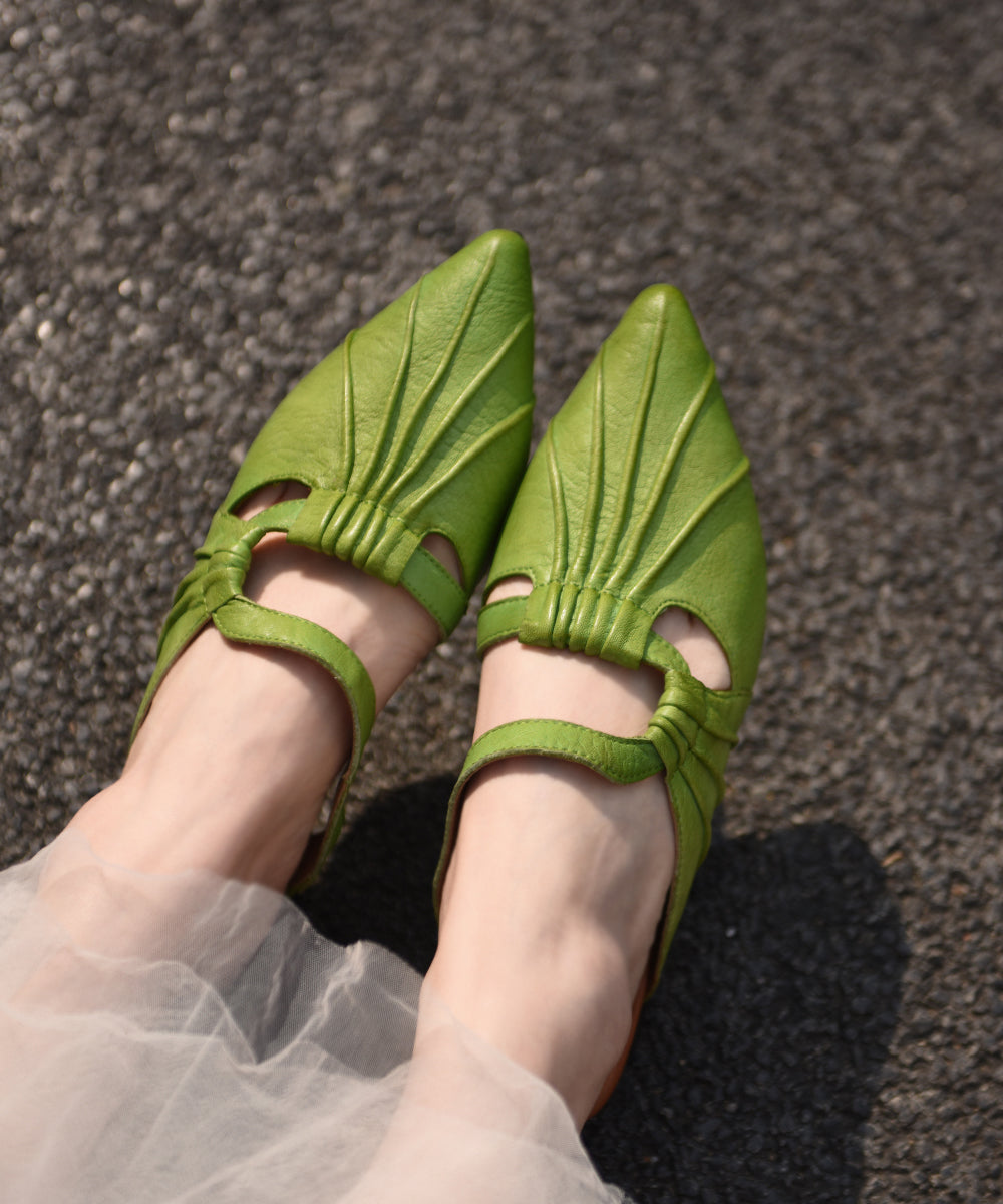 Boutique Green Cowhide Leather Splicing Slide Sandals Pointed Toe