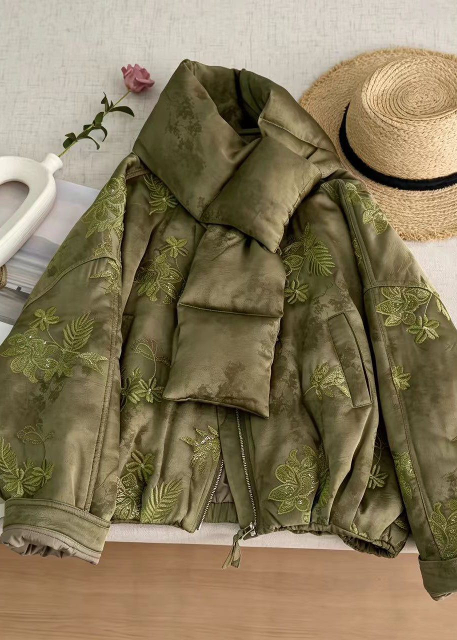 Boutique Green Embroidered Sequins Cotton Filled Parkas Winter