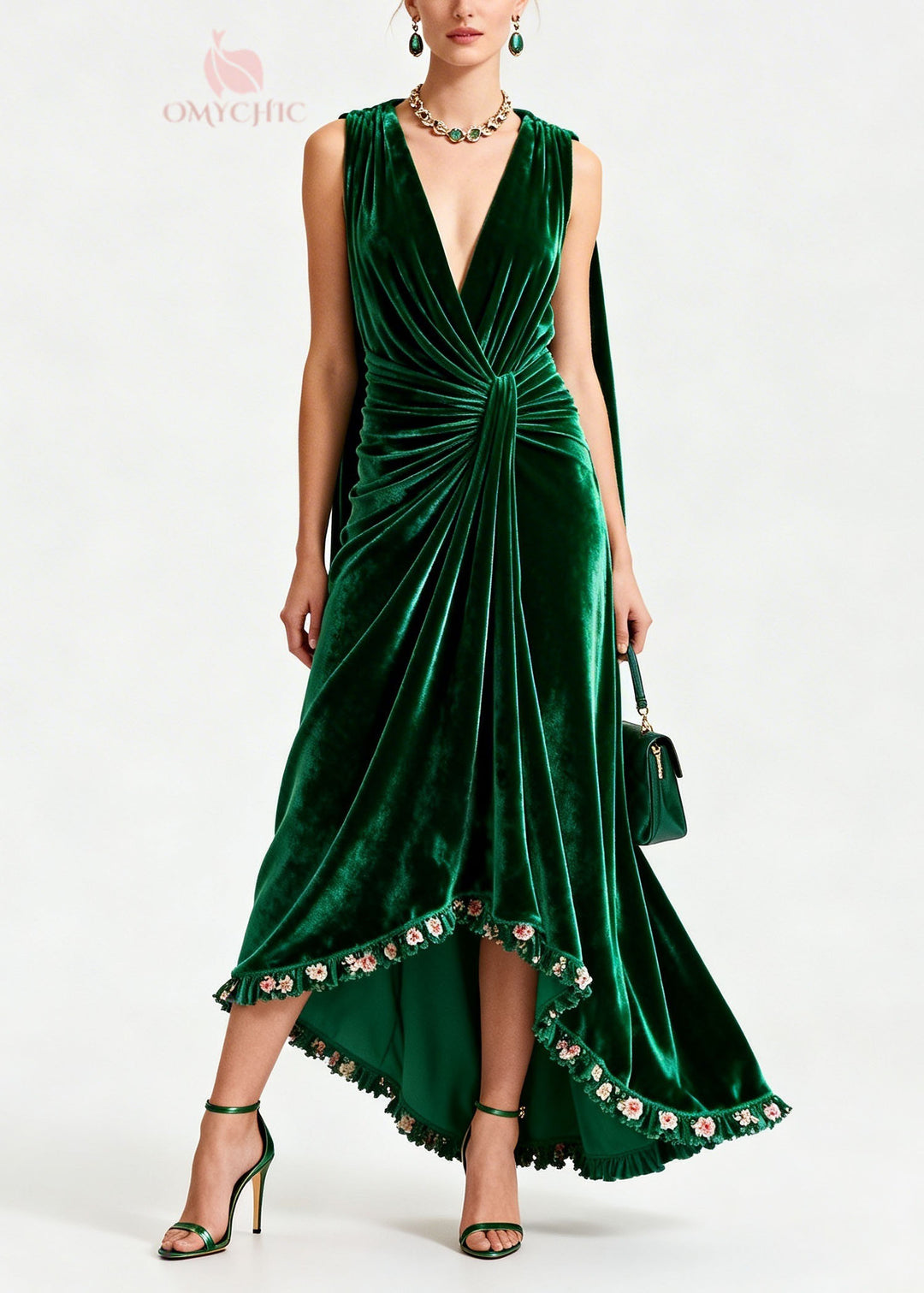 Boutique Green Floral Patchwork Velvet Robe Dresses Sleeveless