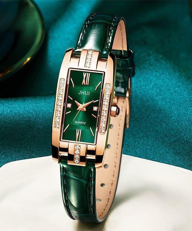 Boutique Green Leather Zircon Quartz Movement Watches