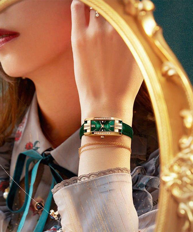 Boutique Green Leather Zircon Quartz Movement Watches