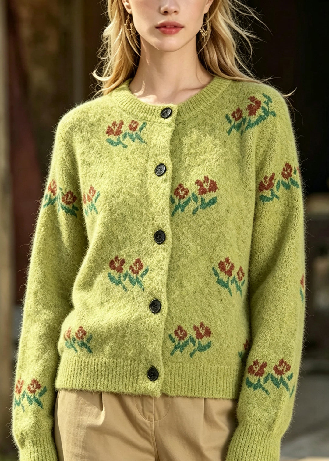 Boutique Green O Neck Button Jacquard Knit Cardigans Fall