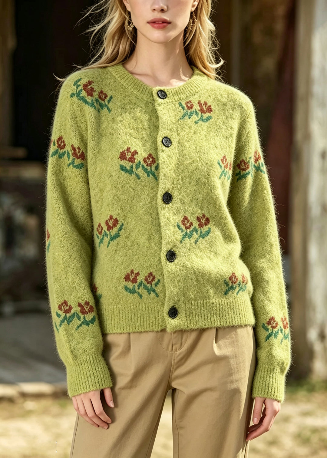 Boutique Green O Neck Button Jacquard Knit Cardigans Fall