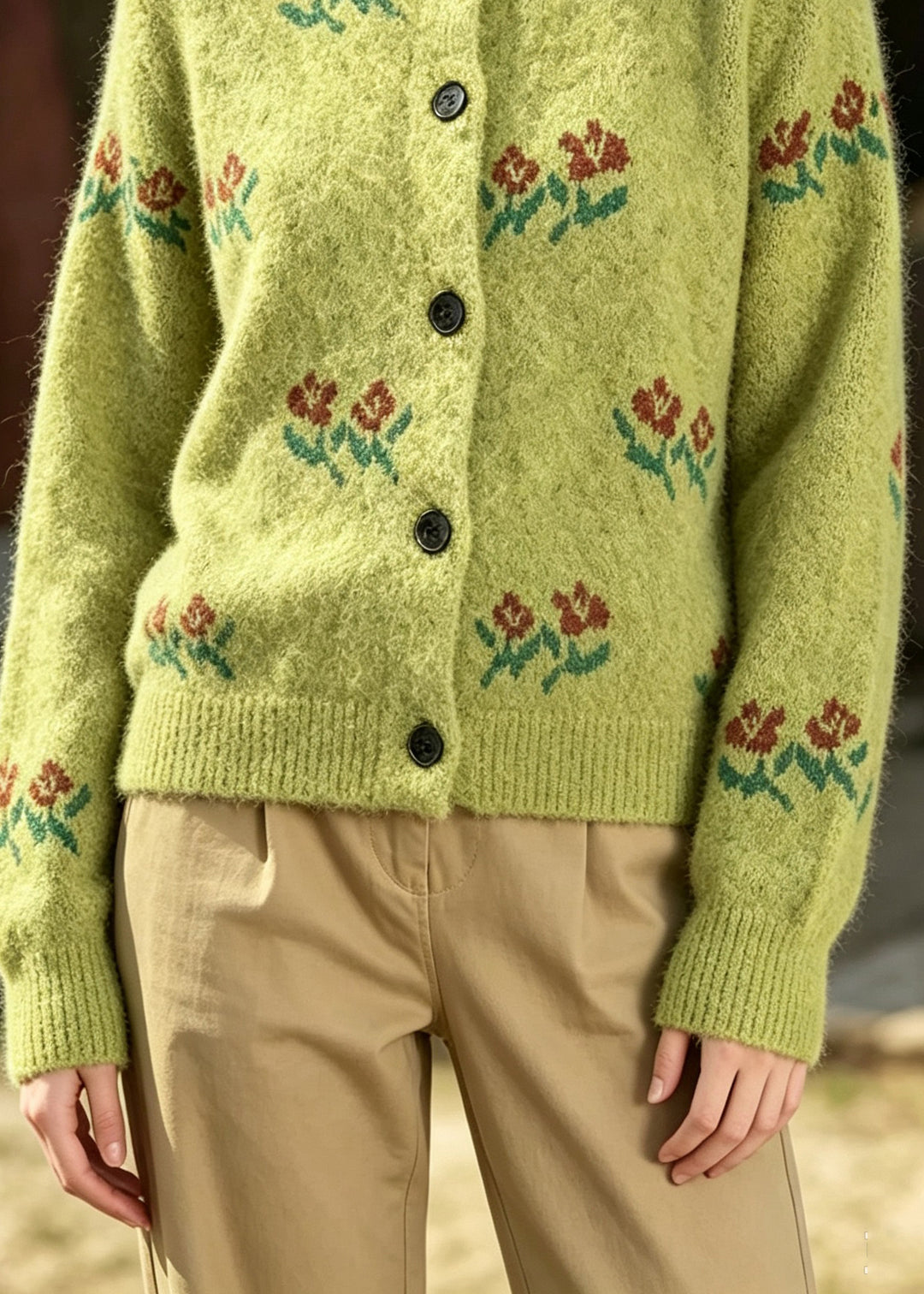 Boutique Green O Neck Button Jacquard Knit Cardigans Fall