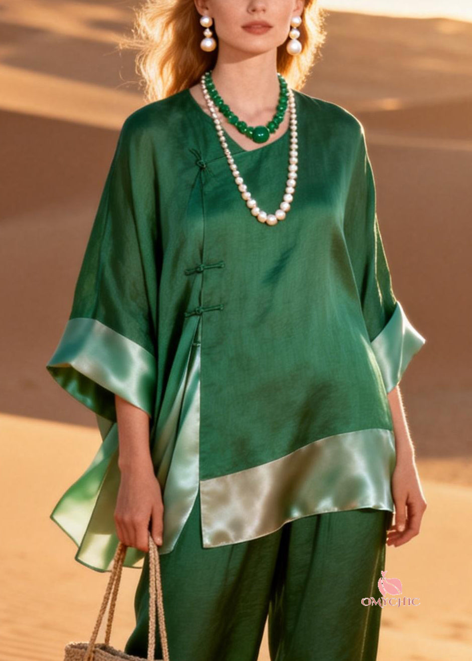 Boutique Green O Neck Chinese Button Patchwork Silk Linen Two Piece Set Bracelet Sleeve