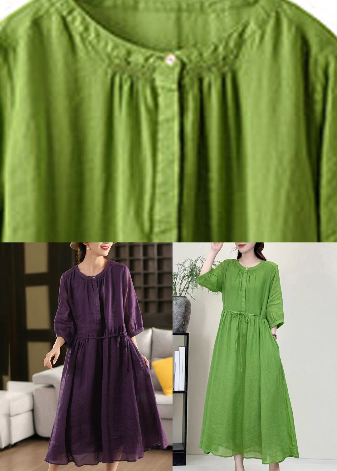 Boutique Green O-Neck Patchwork Solid Linen Long Dress Half Sleeve
