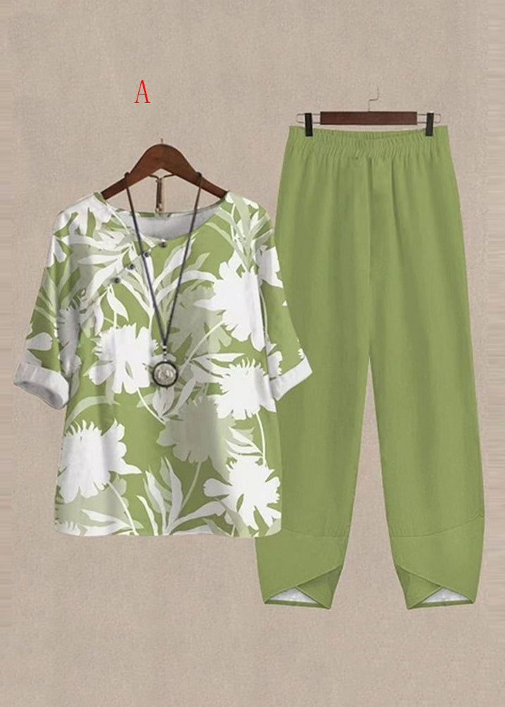 Boutique Green O Neck Print Cotton Two Pieces Set Summer