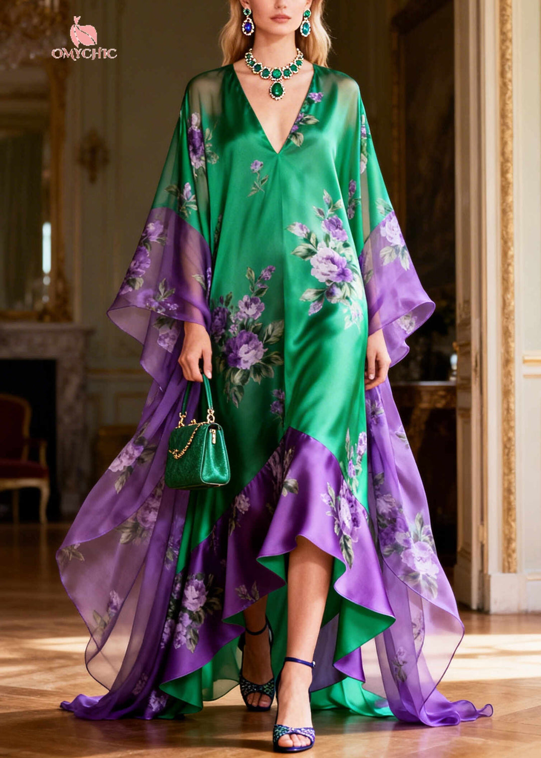 Boutique Green Oversized Patchwork Exra Large Hem Silk Dress Summer