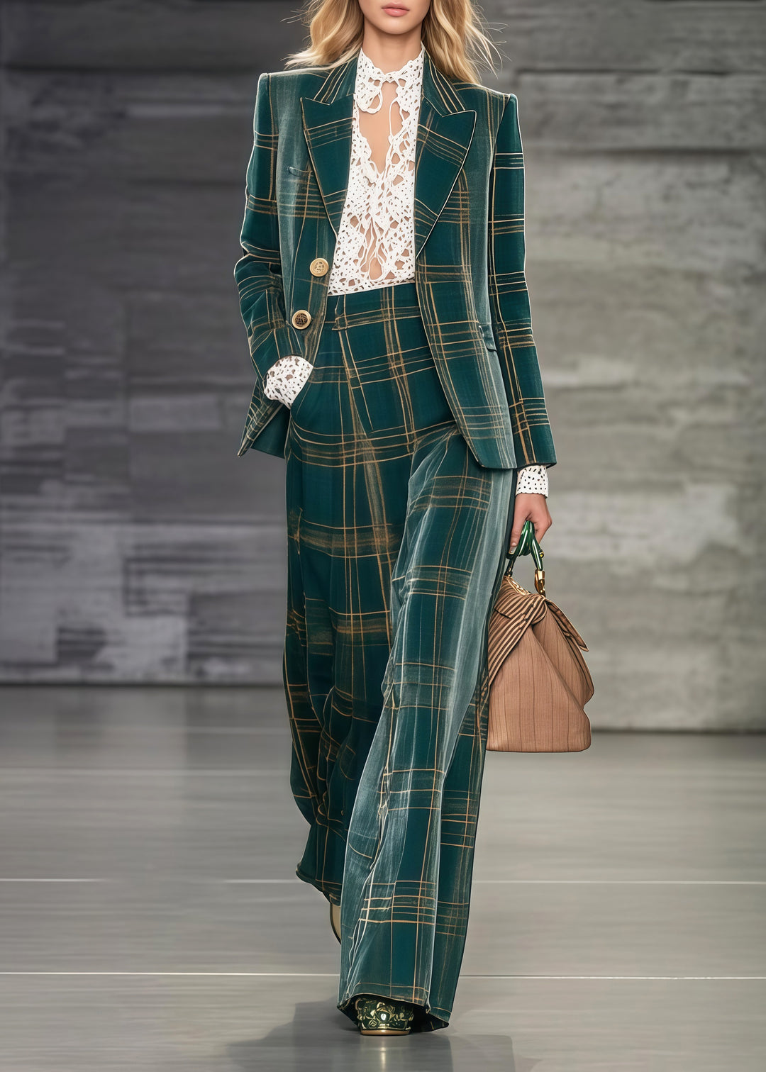 Boutique Green Oversized Plaid Cotton Two Pieces Set Spring