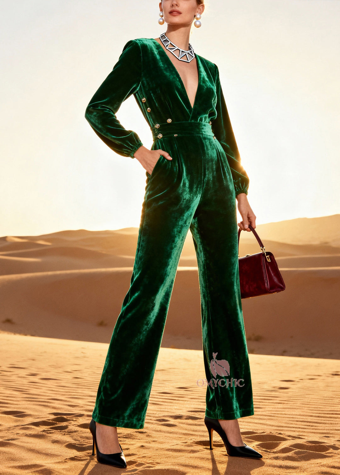 Boutique Green Patchwork Tunic Silk Velvet Jumpsuits Spring