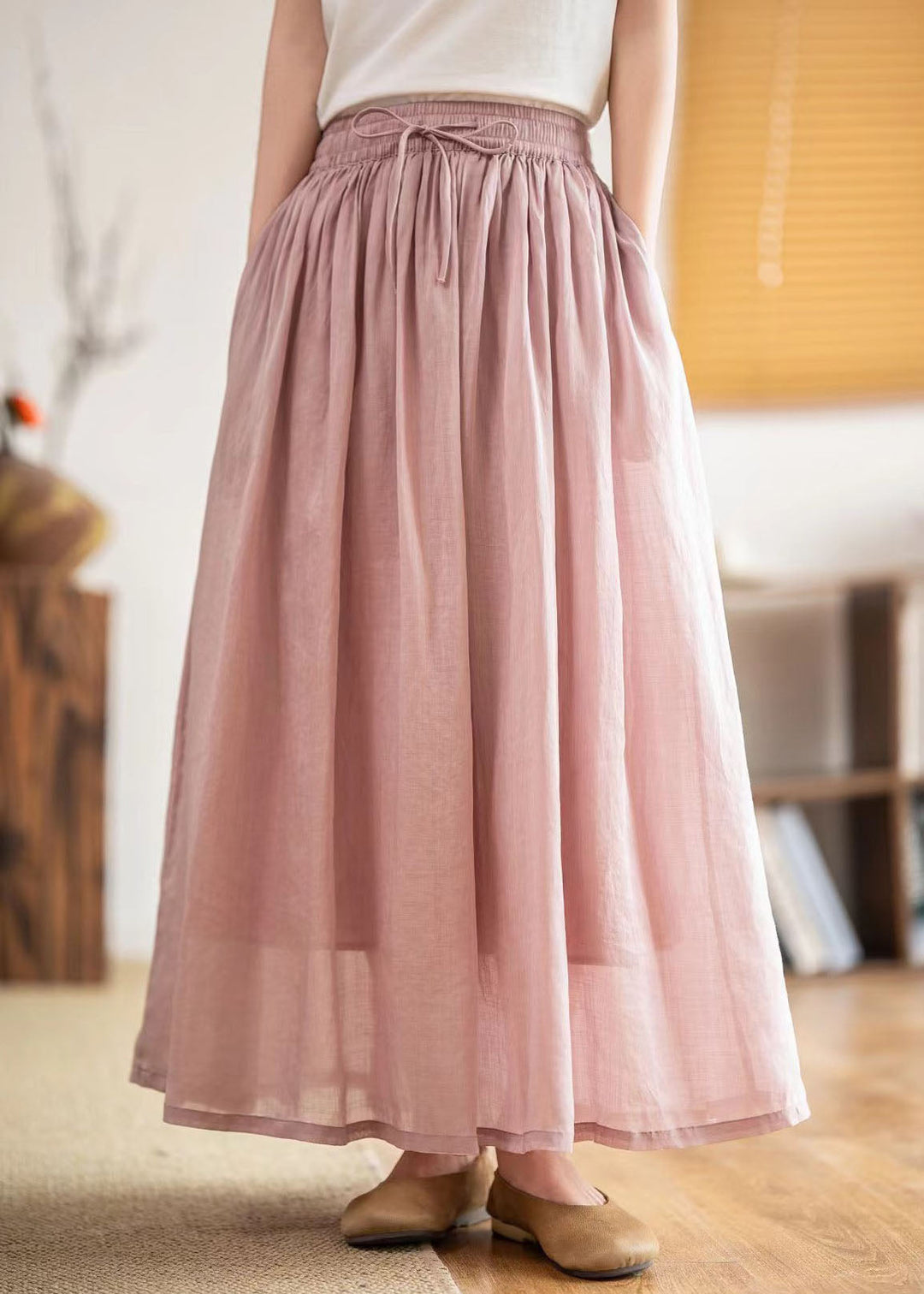 Boutique Green Pockets Elastic Waist Linen Skirts Summer