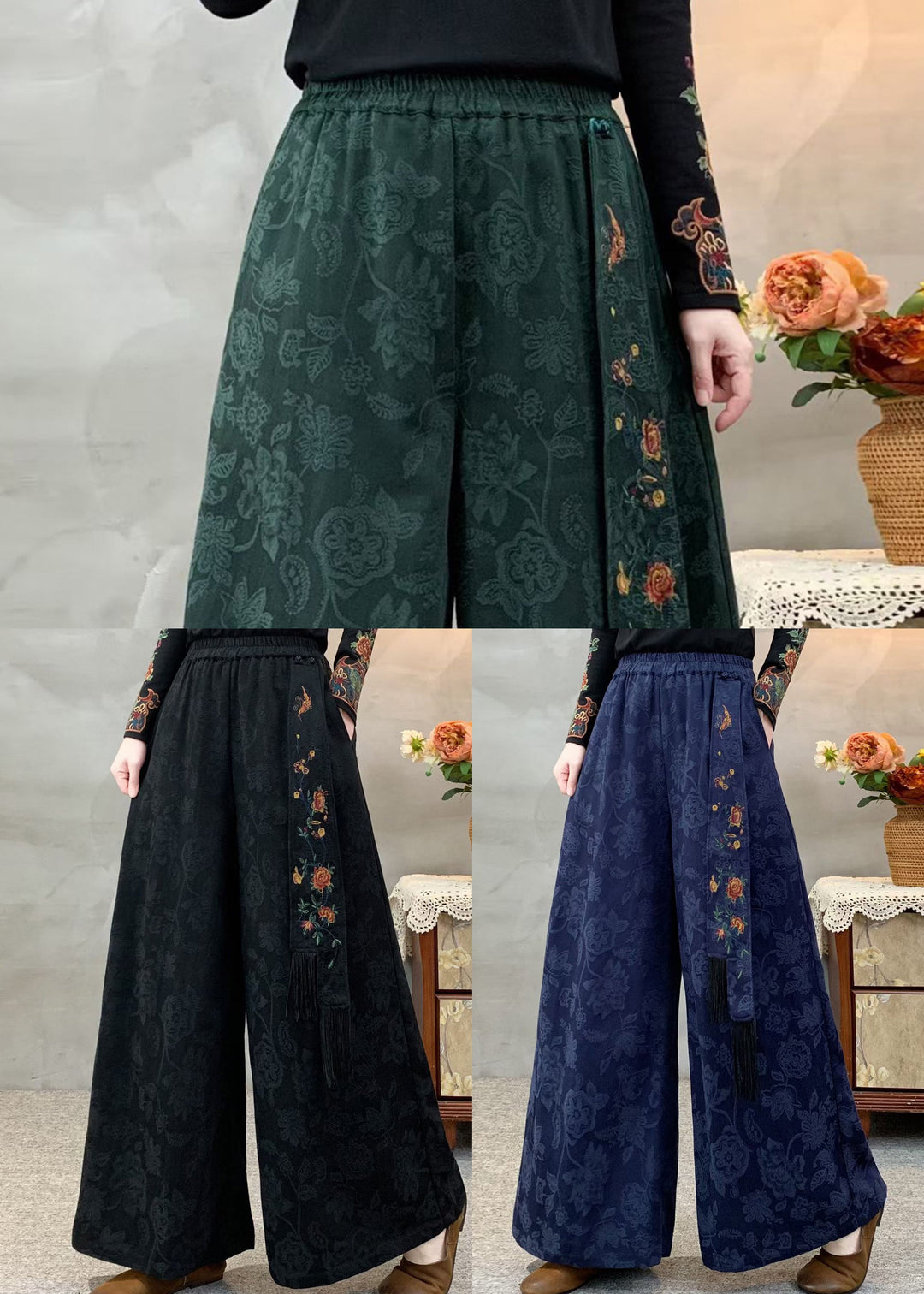 Boutique Green Pockets Jacquard Elastic Waist Cotton Pants Fall