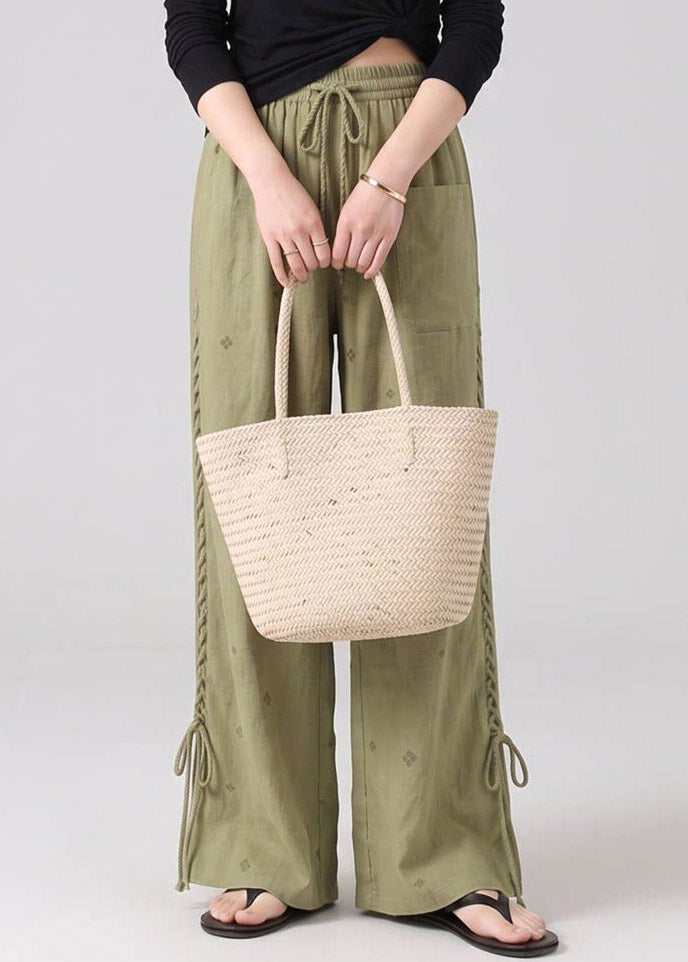 Boutique Green Print Drawstring Tie Waist Wide Leg Pants Fall