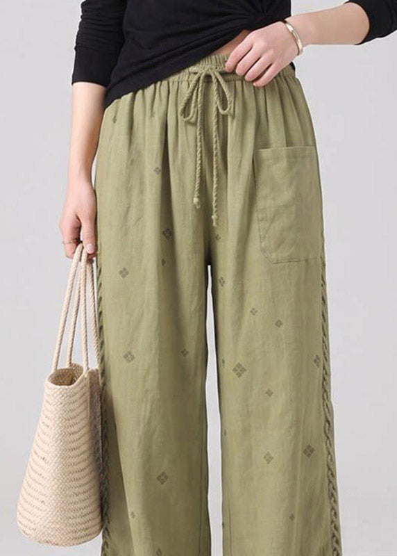 Boutique Green Print Drawstring Tie Waist Wide Leg Pants Fall