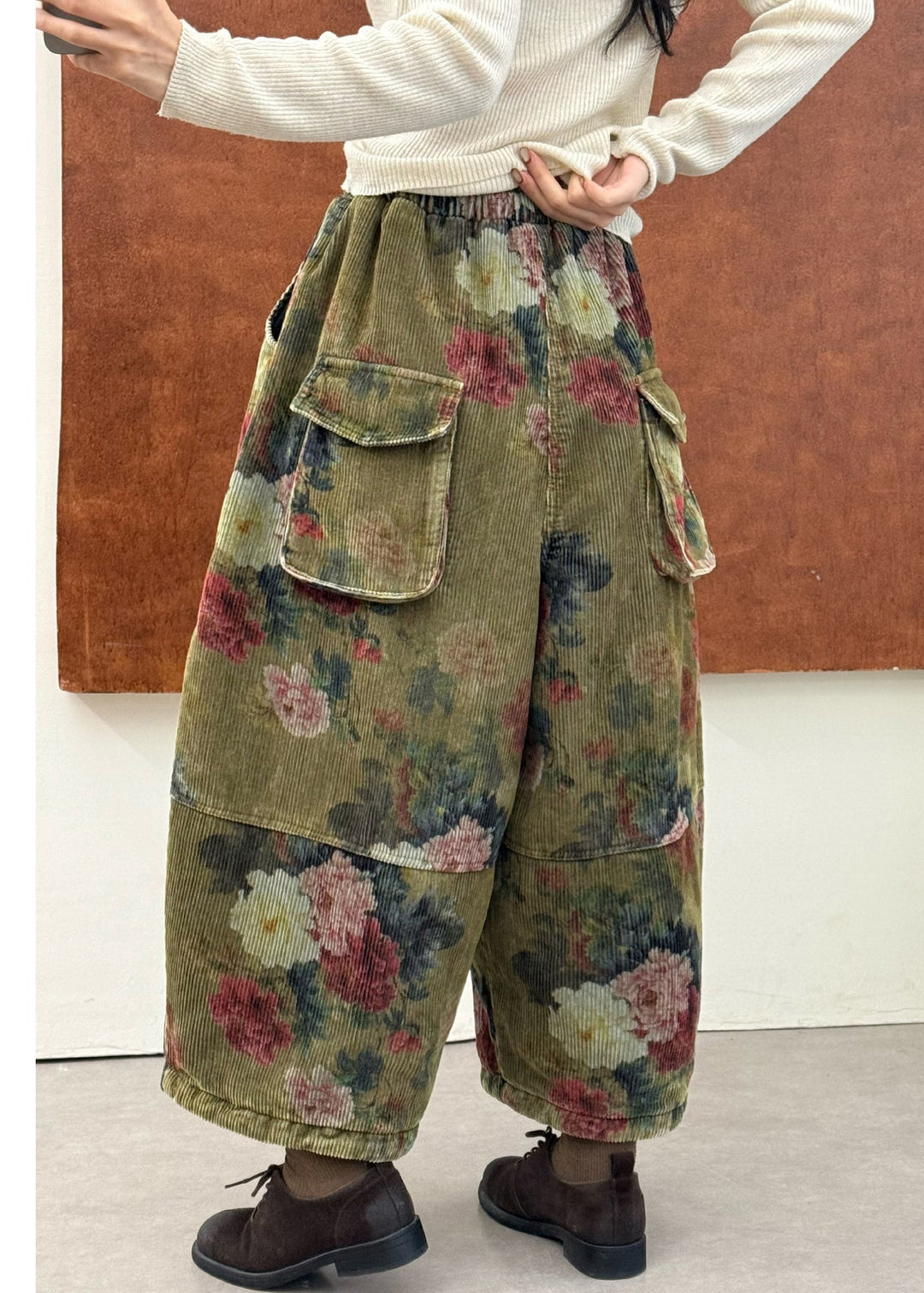 Boutique Green Print Patchwork Corduroy Fine Cotton Filled Crop Pants Fall