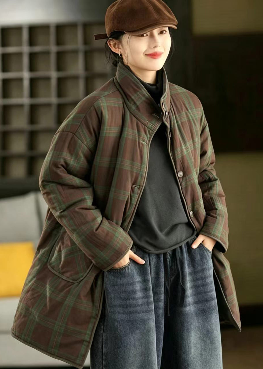 Boutique Green Stand Collar Pockets Reversible Cotton Filled Long Coat Winter