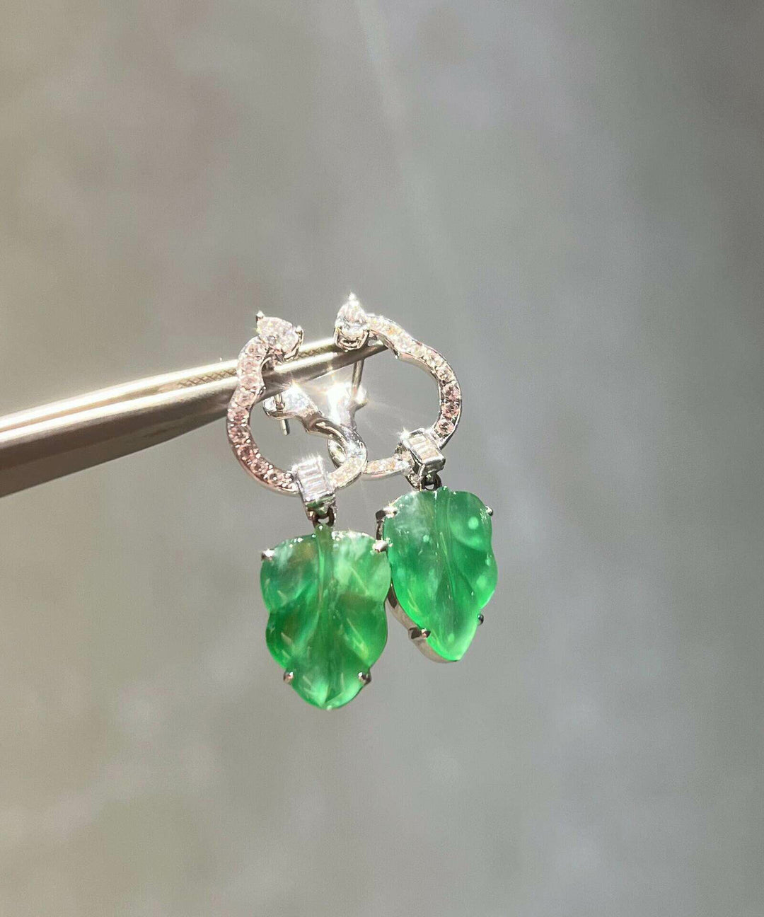 Boutique Green Sterling Silver Inlaid Zircon Jade Leaf Drop Earrings