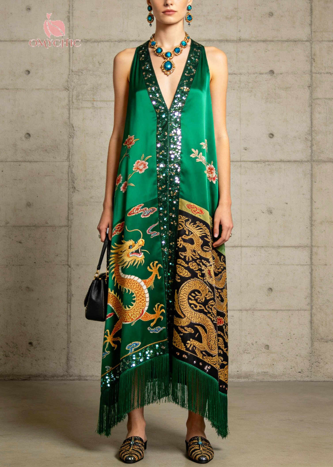 Boutique Green Tasseled Sequins Silk Ankle Dress Summer