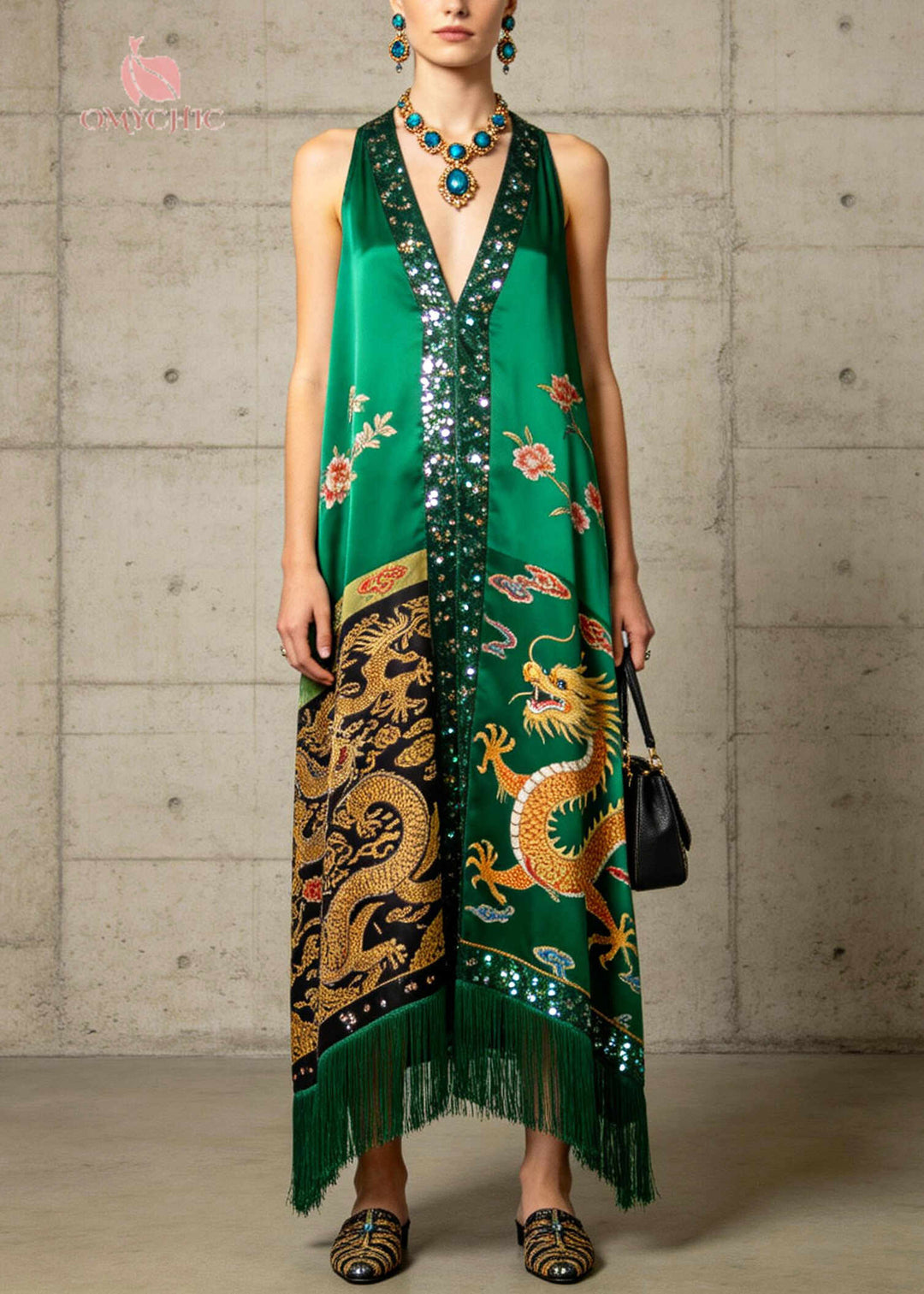 Boutique Green Tasseled Sequins Silk Ankle Dress Summer