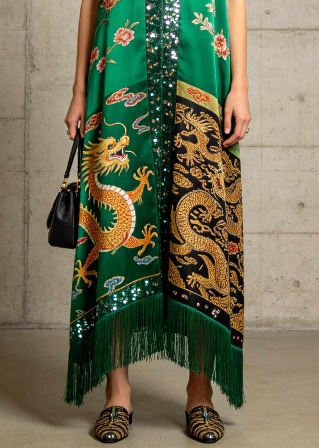 Boutique Green Tasseled Sequins Silk Ankle Dress Summer