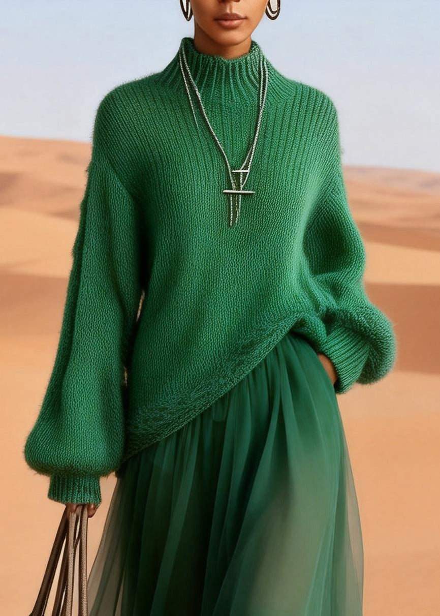 Boutique Green Turtleneck Knit Blended Patchwork Tulle Maxi Dress Lantern Sleeve - Omychic