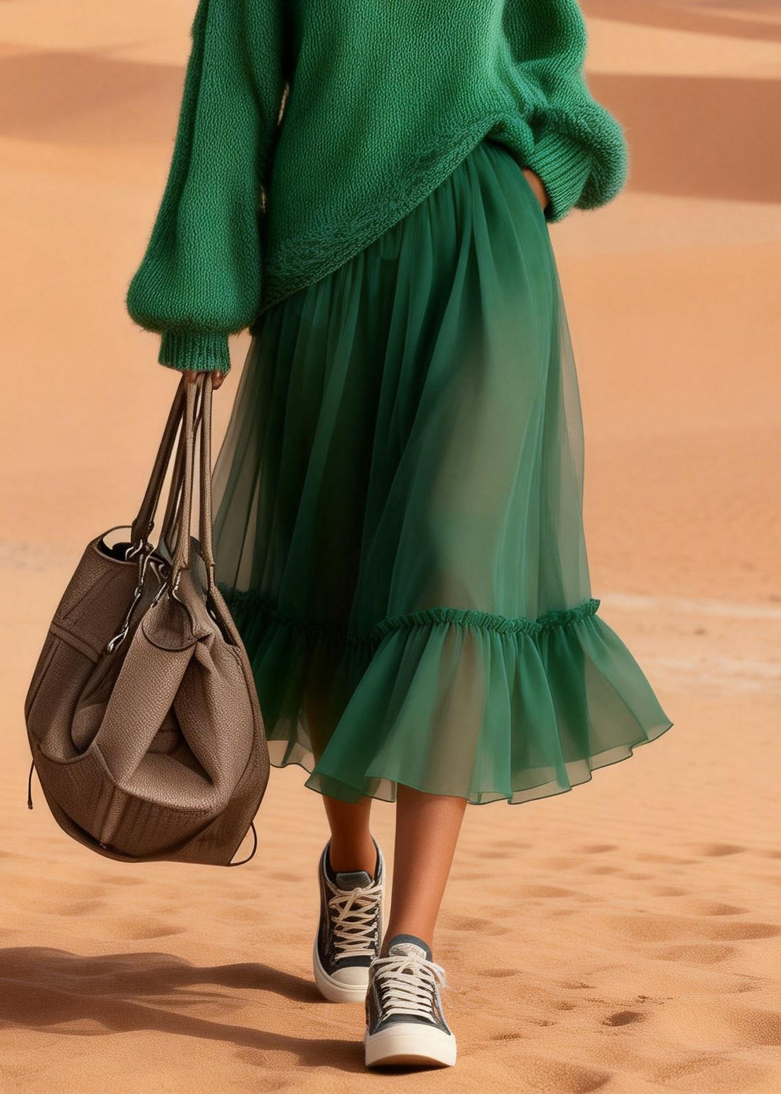 Boutique Green Turtleneck Knit Blended Patchwork Tulle Maxi Dress Lantern Sleeve - Omychic