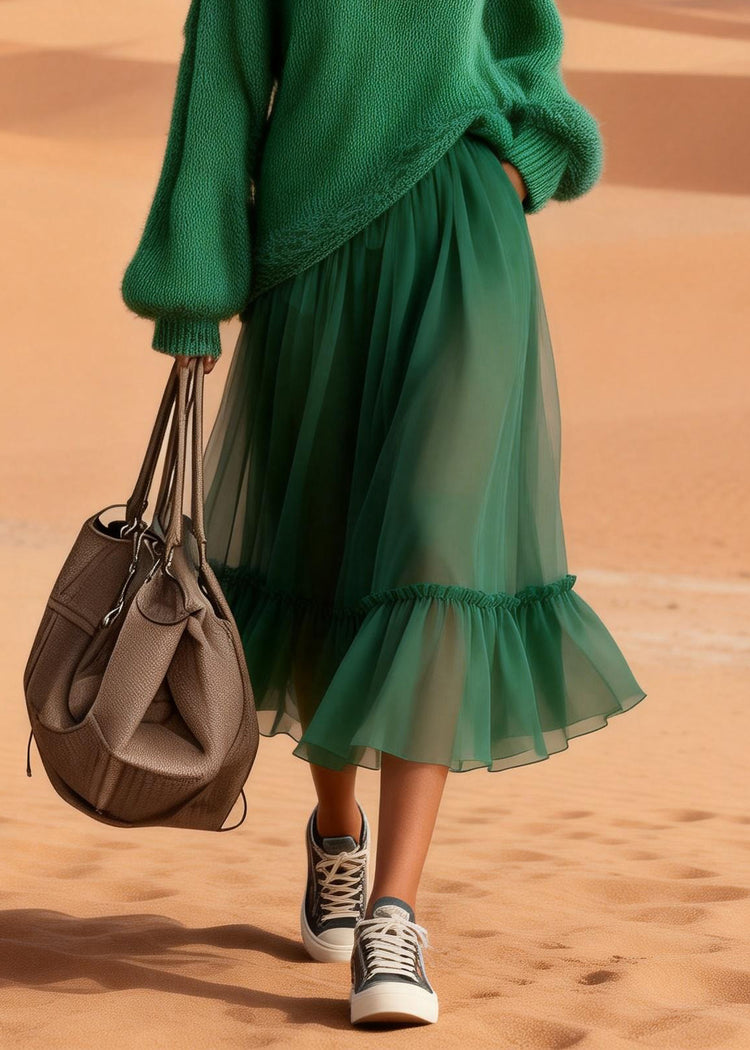 Boutique Green Turtleneck Knit Blended Patchwork Tulle Maxi Dress Lantern Sleeve - Omychic