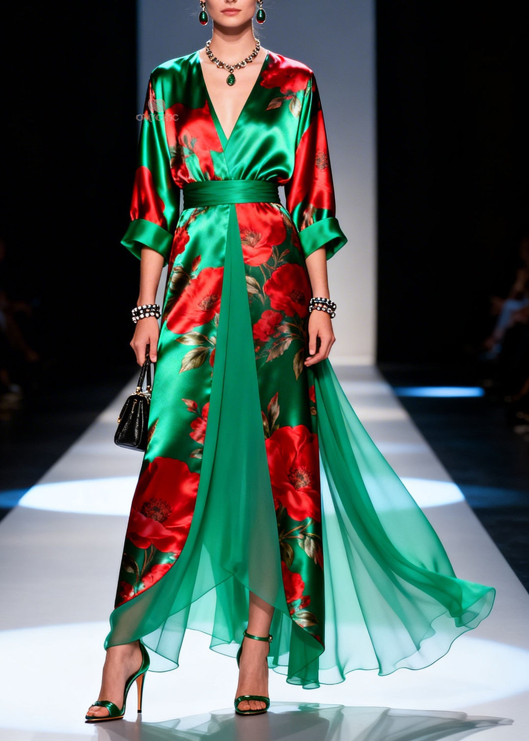 Boutique Green V Neck Print Chiffon Long Dresses Summer
