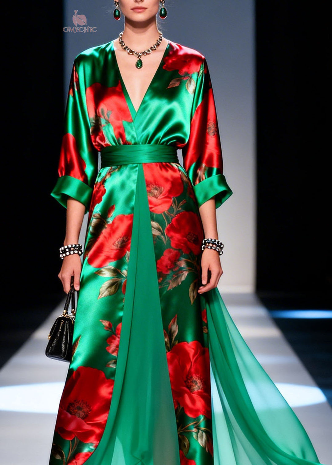 Boutique Green V Neck Print Chiffon Long Dresses Summer
