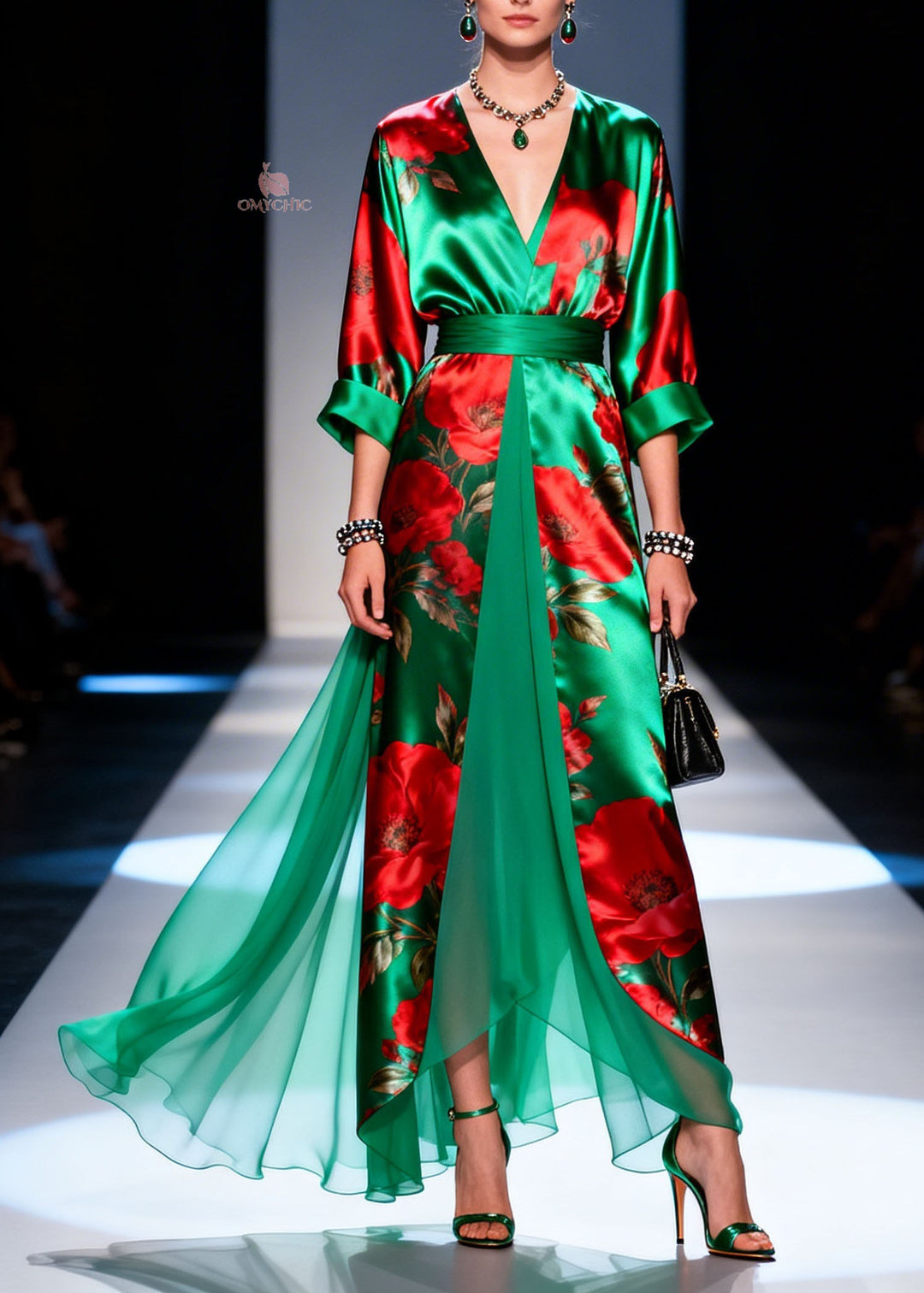 Boutique Green V Neck Print Chiffon Long Dresses Summer