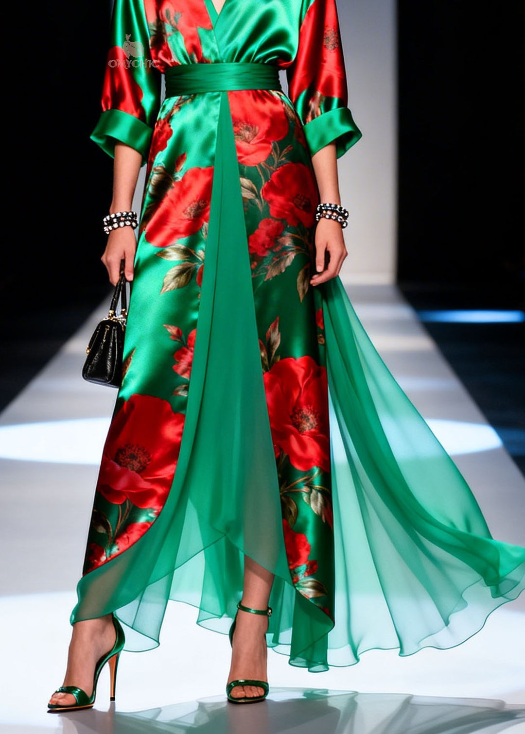 Boutique Green V Neck Print Chiffon Long Dresses Summer