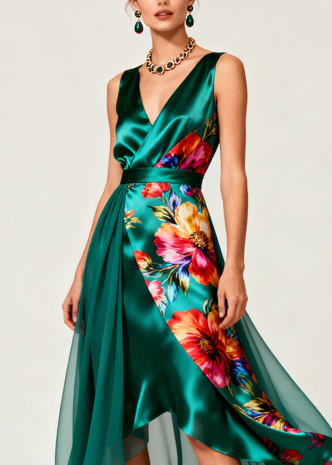 Boutique Green V Neck Print Patchwork Silk Dresses Sleeveless