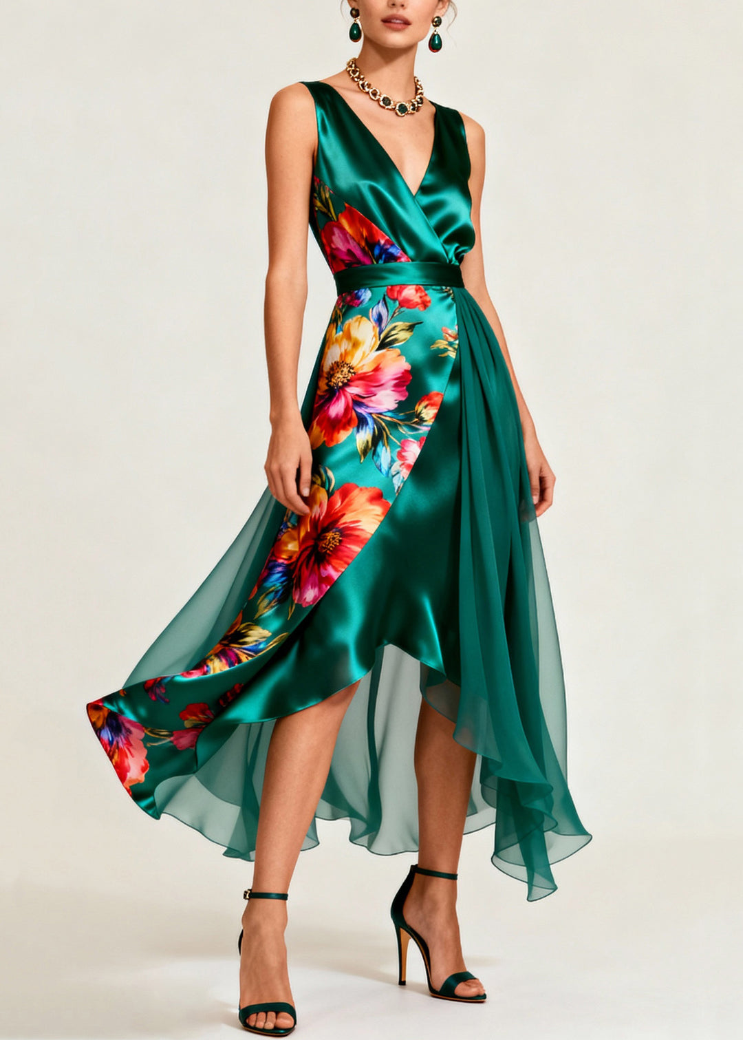 Boutique Green V Neck Print Patchwork Silk Dresses Sleeveless