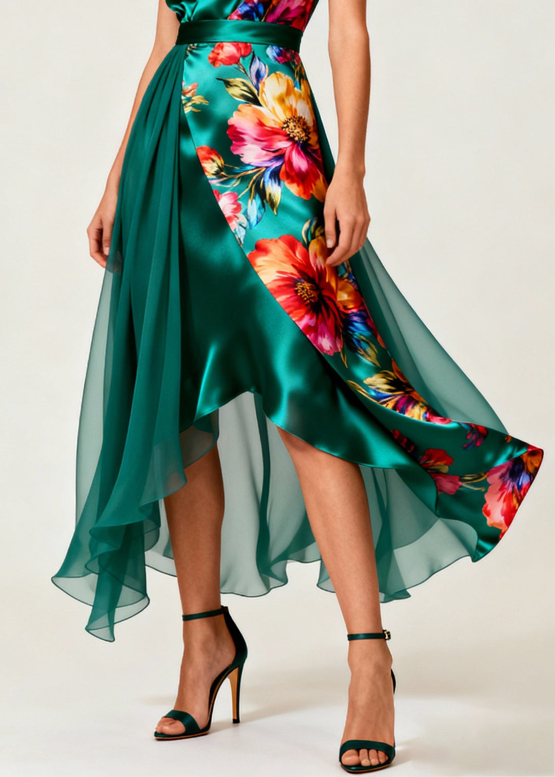 Boutique Green V Neck Print Patchwork Silk Dresses Sleeveless