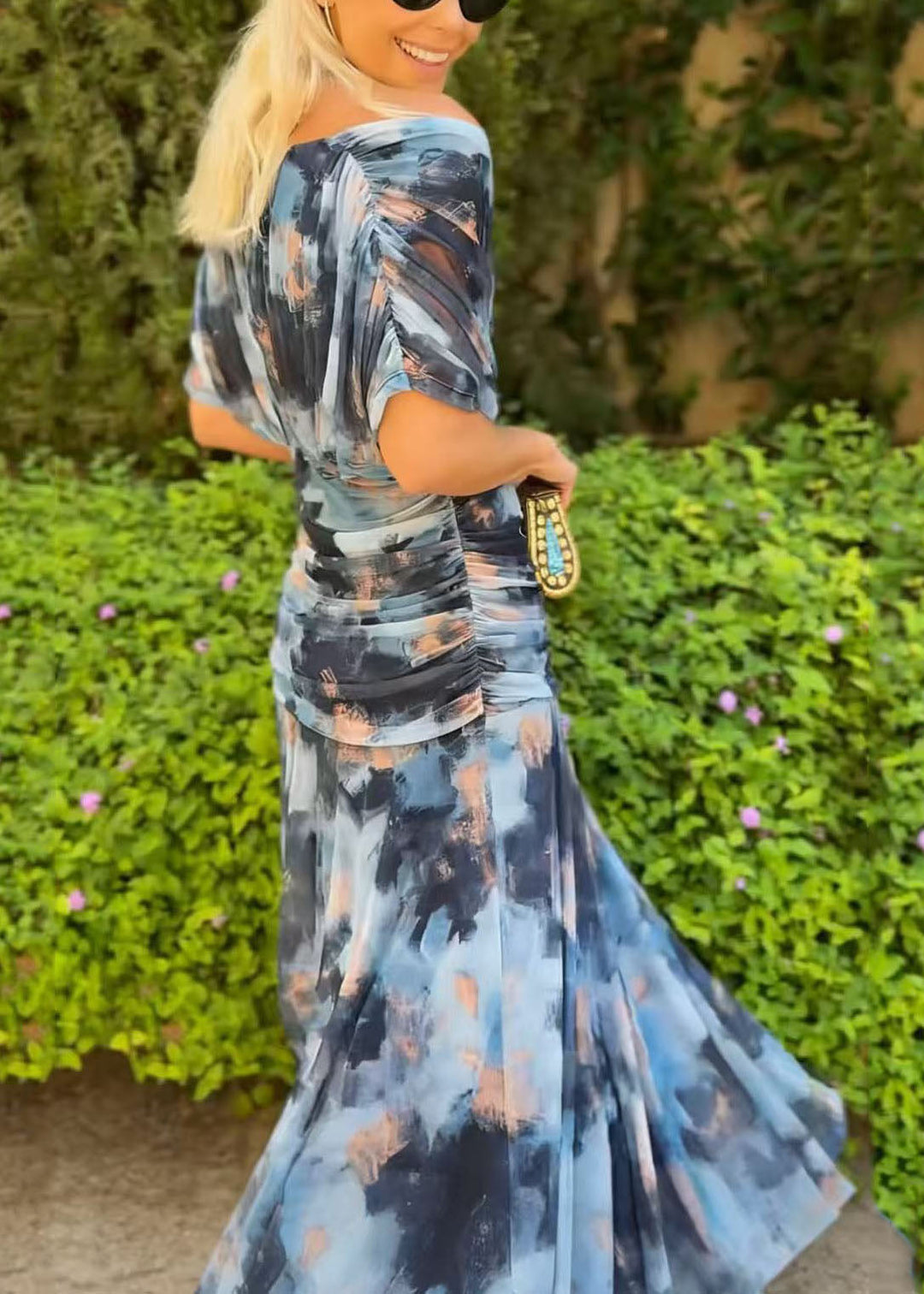 Boutique Green V Neck Print Tulle Maxi Dress Summer