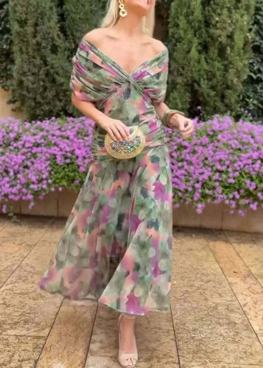 Boutique Green V Neck Print Tulle Maxi Dress Summer
