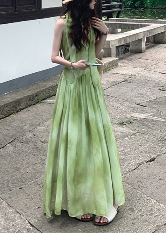 Boutique Green V Neck Tie Dye Vacation Chiffon Maxi Dresses Sleeveless