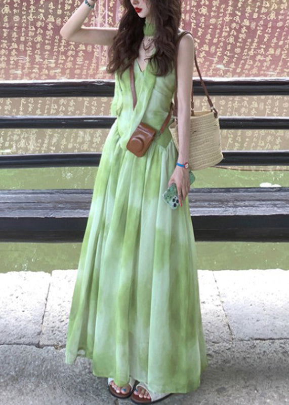 Boutique Green V Neck Tie Dye Vacation Chiffon Maxi Dresses Sleeveless