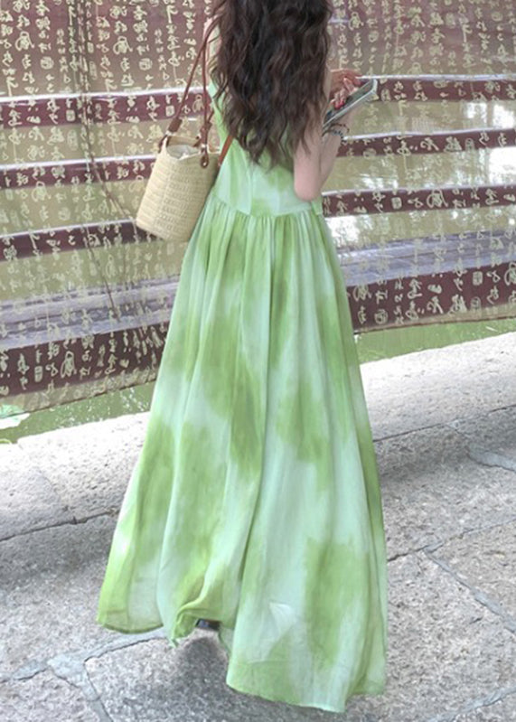 Boutique Green V Neck Tie Dye Vacation Chiffon Maxi Dresses Sleeveless