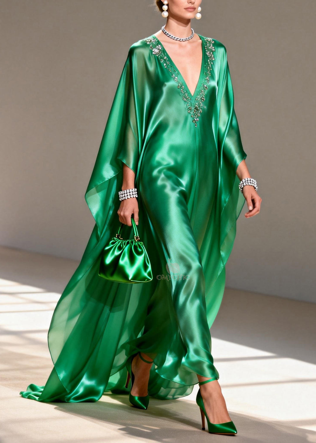 Boutique Green V Neck Zircon Silk Long Dress Spring