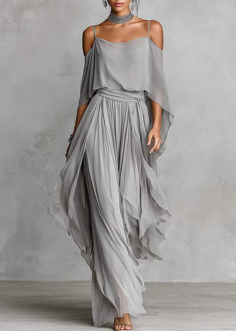 Boutique Grey Cold Shoulder Solid Chiffon Top And Wide Leg Pants Two Piece Set Summer