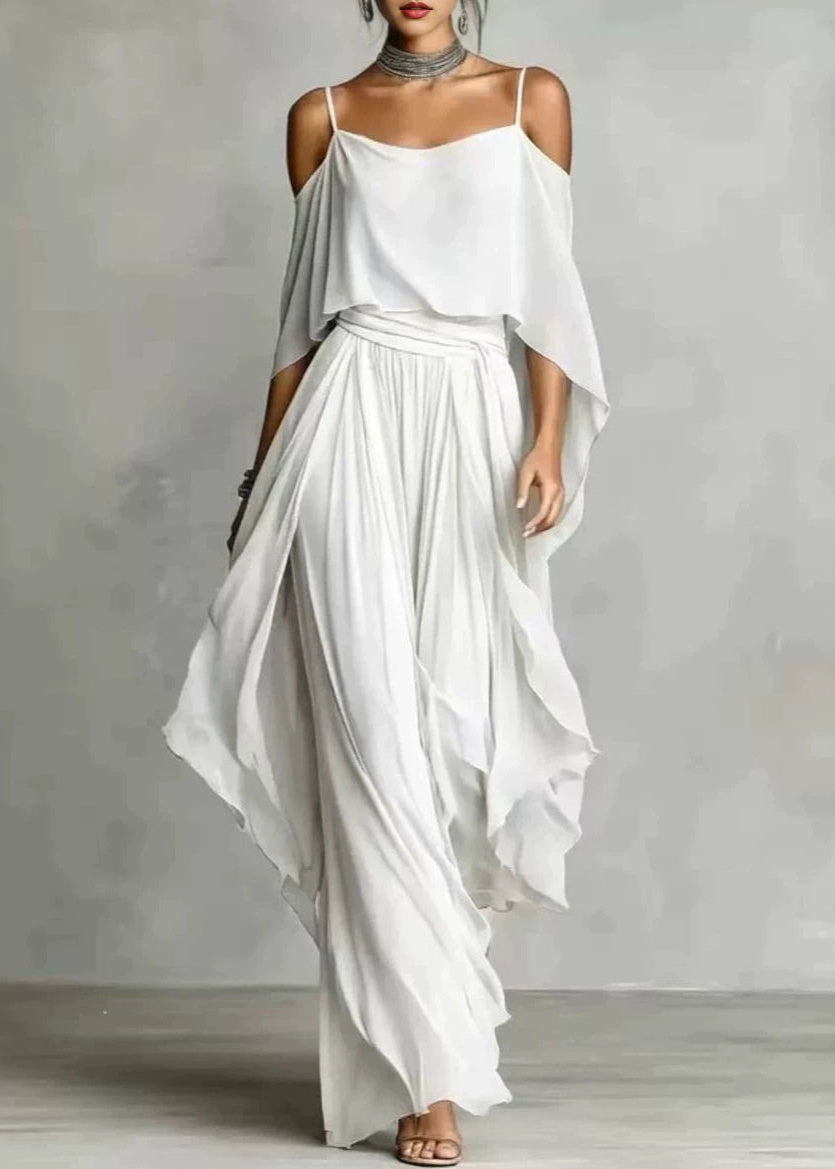 Boutique Grey Cold Shoulder Solid Chiffon Top And Wide Leg Pants Two Piece Set Summer