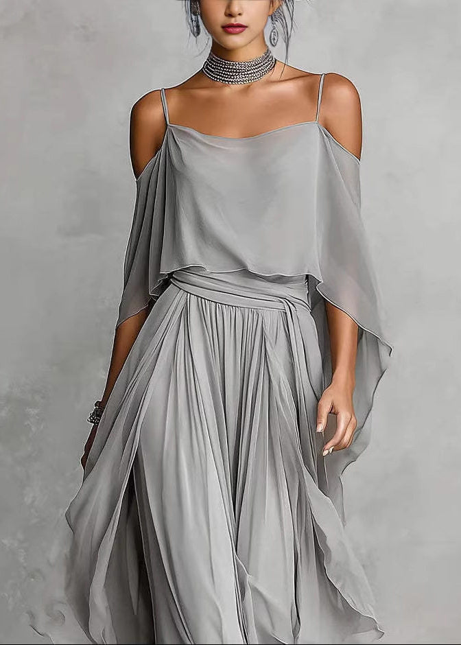 Boutique Grey Cold Shoulder Solid Chiffon Top And Wide Leg Pants Two Piece Set Summer
