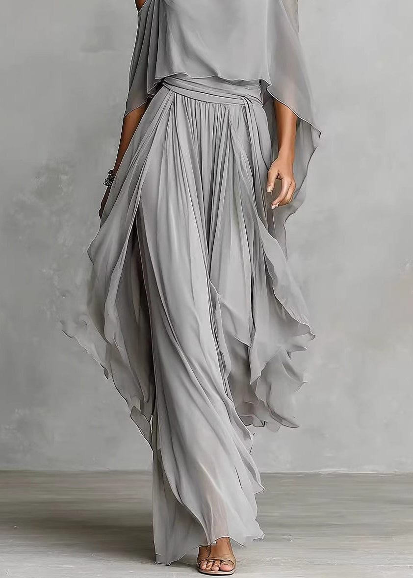 Boutique Grey Cold Shoulder Solid Chiffon Top And Wide Leg Pants Two Piece Set Summer