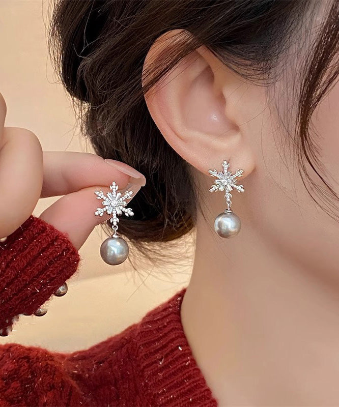Boutique Grey Copper Overgild Pearl Snowflake Drop Earrings
