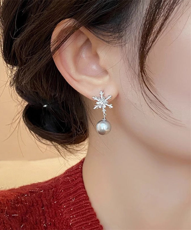 Boutique Grey Copper Overgild Pearl Snowflake Drop Earrings