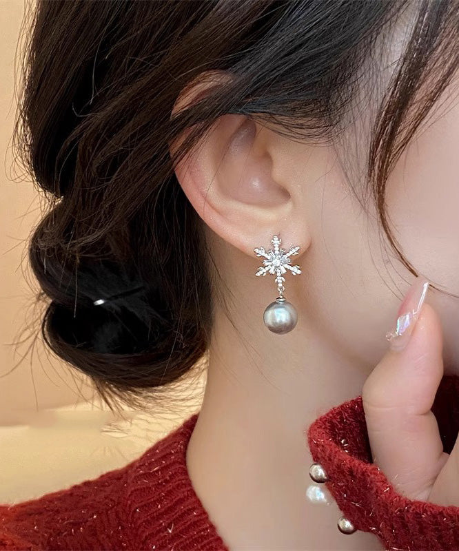 Boutique Grey Copper Overgild Pearl Snowflake Drop Earrings