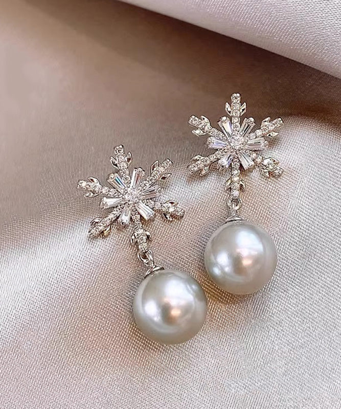Boutique Grey Copper Overgild Pearl Snowflake Drop Earrings
